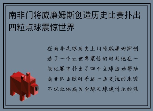 南非门将威廉姆斯创造历史比赛扑出四粒点球震惊世界