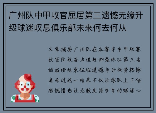 广州队中甲收官屈居第三遗憾无缘升级球迷叹息俱乐部未来何去何从 广州队中甲收官屈居第三遗憾无缘升级球迷叹息俱乐部未来何去何从